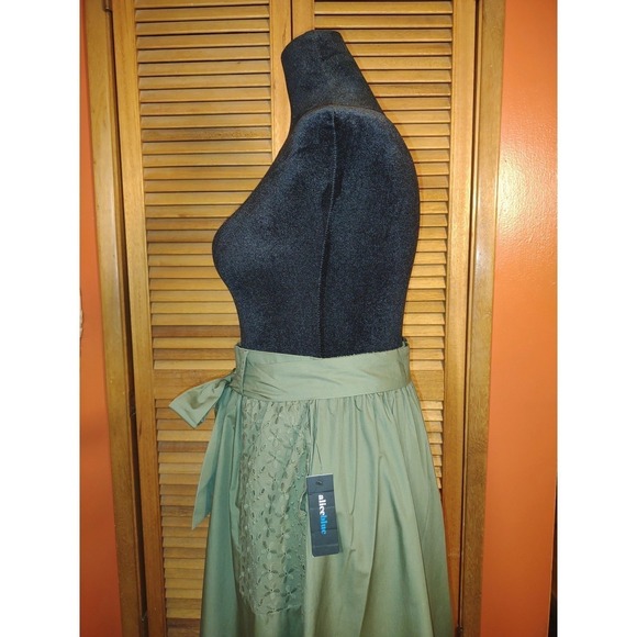 Olive Green Cotton Eyelet Maxi Skirt - Sheen Buttons Bow Tie Elastic Waist - S - Picture 7 of 13